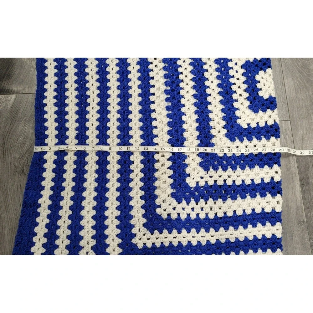 Handmade Crocheted Blanket Throw Granny Square Pattern Blue White Approx 60 x 58